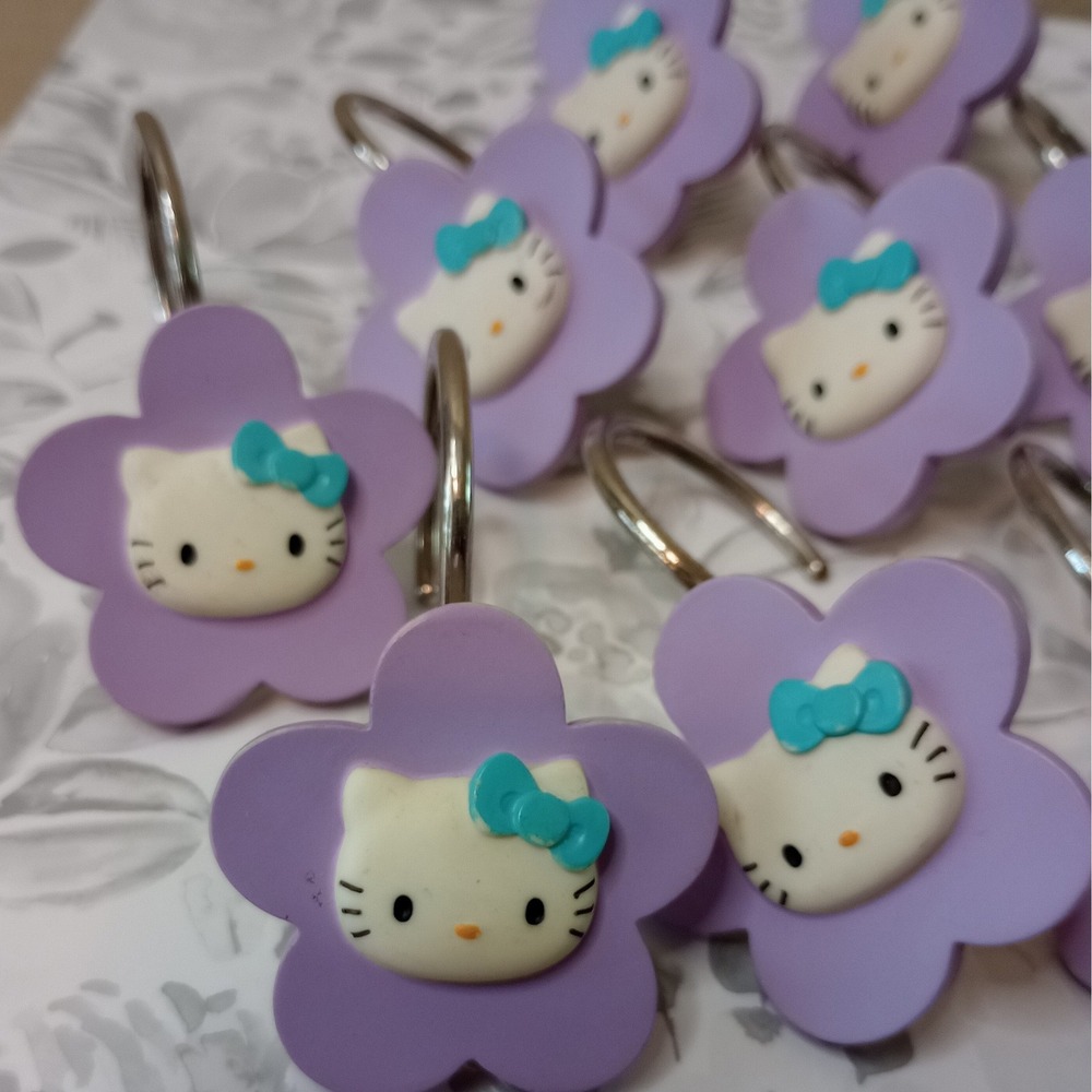 Sanrio Hello Kitty Purple Flower Shower Curtain Hooks Set of 12 Vintage 2002